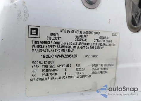 1997 Chevrolet K1500 Fleetside W/T из США, поврежденный, VIN 1GCEK14W4VZ205425